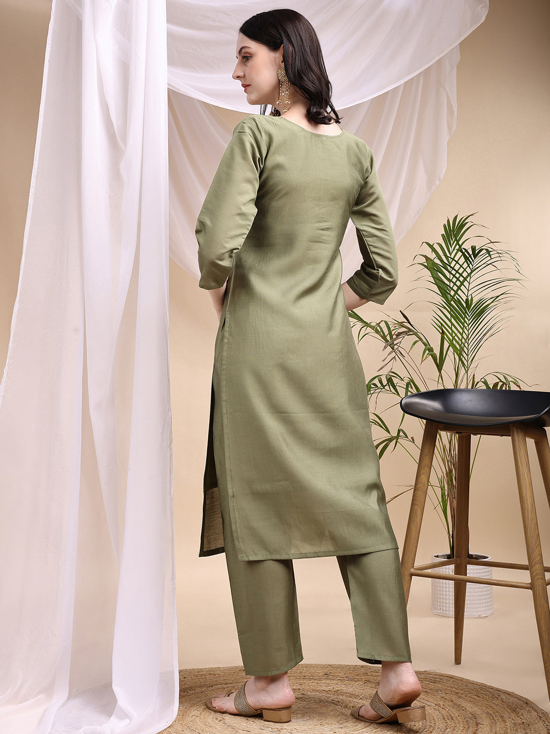 Embroidered Kurta With Pant & Printed Dupatta, Olive - Hiral Fashion - Distacart