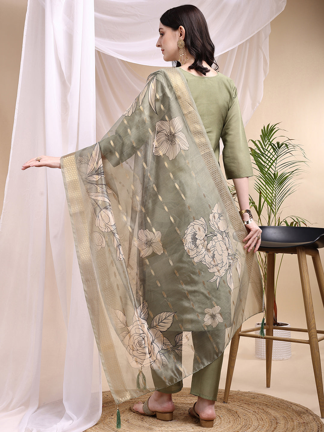 Embroidered Kurta With Pant & Printed Dupatta, Olive - Hiral Fashion - Distacart