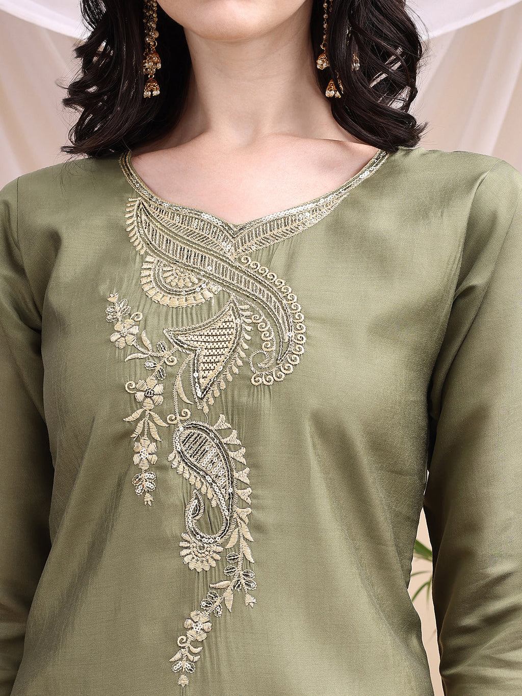 Embroidered Kurta With Pant & Printed Dupatta, Olive - Hiral Fashion - Distacart