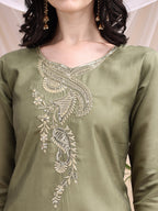 Embroidered Kurta With Pant & Printed Dupatta, Olive - Hiral Fashion - Distacart