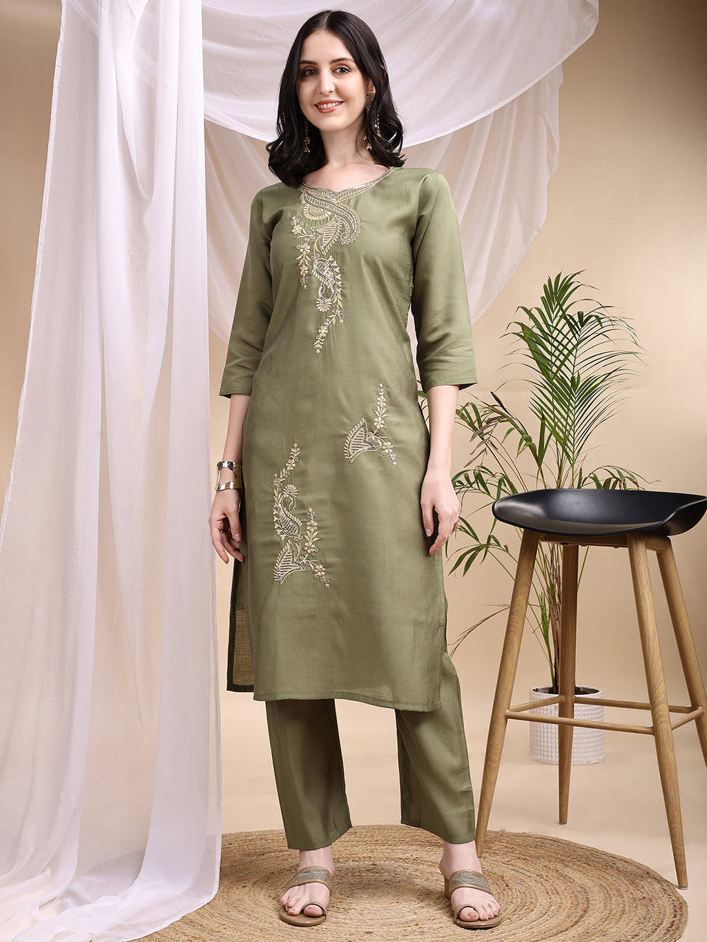 Embroidered Kurta With Pant & Printed Dupatta, Olive - Hiral Fashion - Distacart