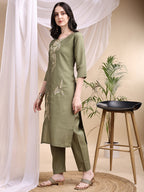 Embroidered Kurta With Pant & Printed Dupatta, Olive - Hiral Fashion - Distacart