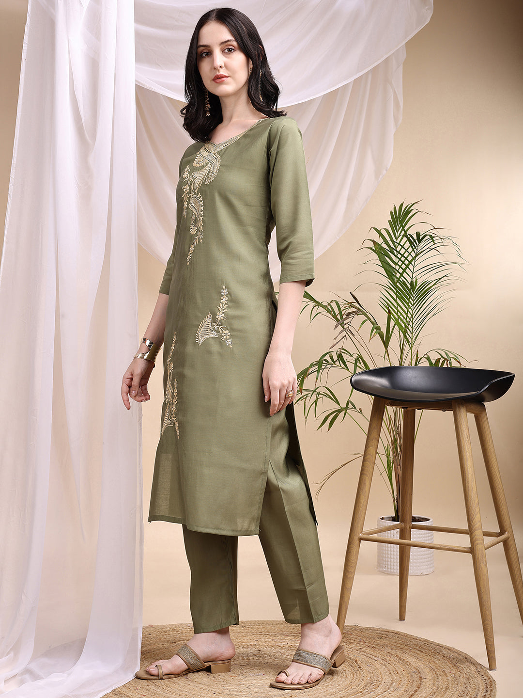 Embroidered Kurta With Pant & Printed Dupatta, Olive - Hiral Fashion - Distacart