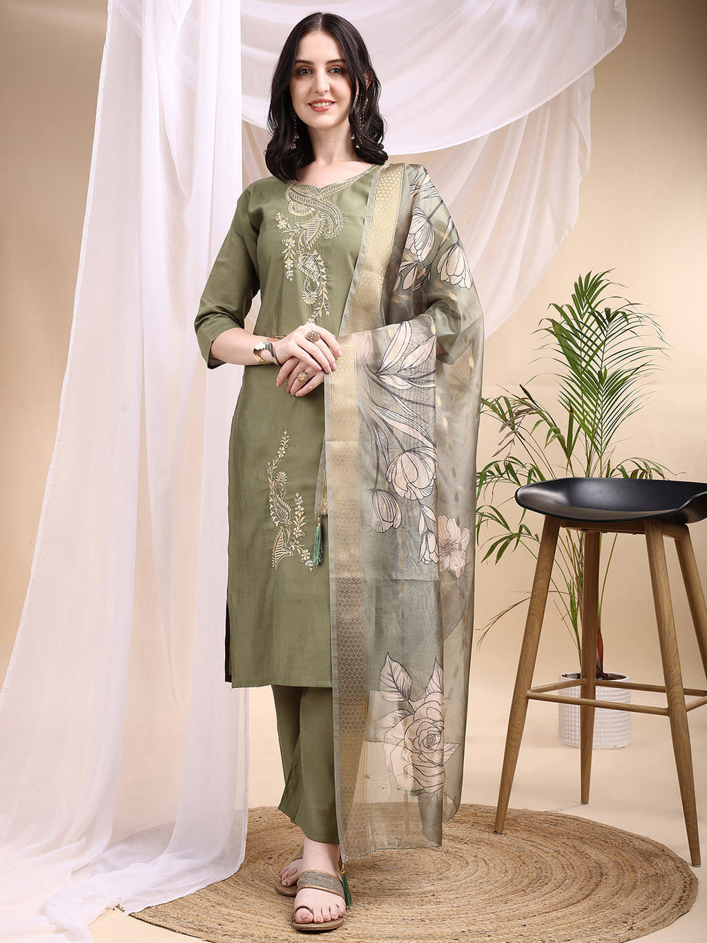 Embroidered Kurta With Pant & Printed Dupatta, Olive - Hiral Fashion - Distacart