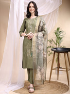 Embroidered Kurta With Pant & Printed Dupatta, Olive - Hiral Fashion - Distacart