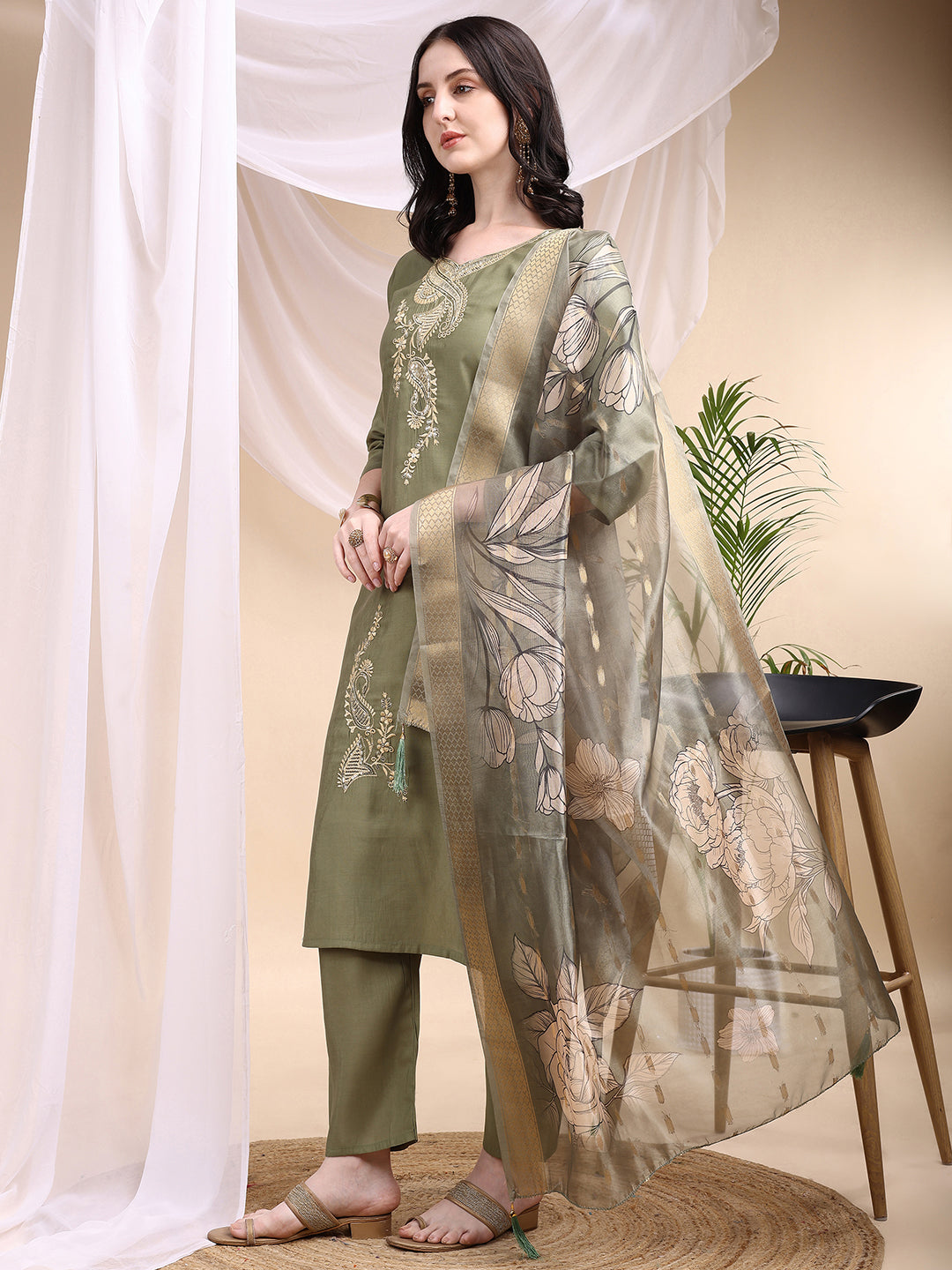 Embroidered Kurta With Pant & Printed Dupatta, Olive - Hiral Fashion - Distacart