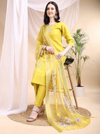 Embroidered Kurta With Pant & Printed Dupatta, Yellow - Hiral Fashion - Distacart