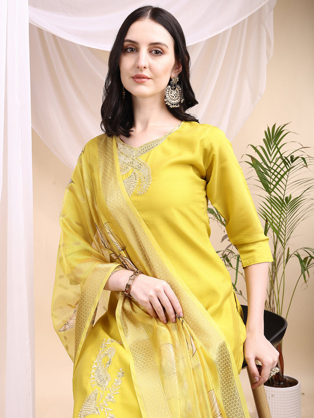 Embroidered Kurta With Pant & Printed Dupatta, Yellow - Hiral Fashion - Distacart