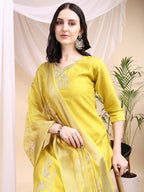 Embroidered Kurta With Pant & Printed Dupatta, Yellow - Hiral Fashion - Distacart