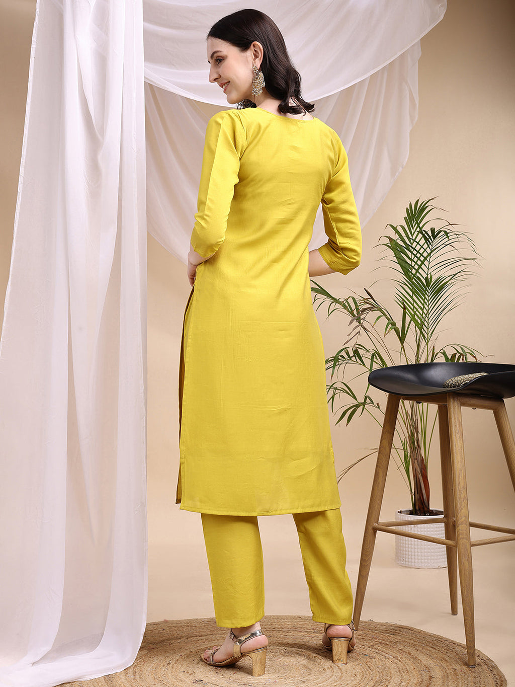 Embroidered Kurta With Pant & Printed Dupatta, Yellow - Hiral Fashion - Distacart