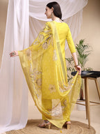 Embroidered Kurta With Pant & Printed Dupatta, Yellow - Hiral Fashion - Distacart