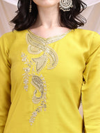 Embroidered Kurta With Pant & Printed Dupatta, Yellow - Hiral Fashion - Distacart
