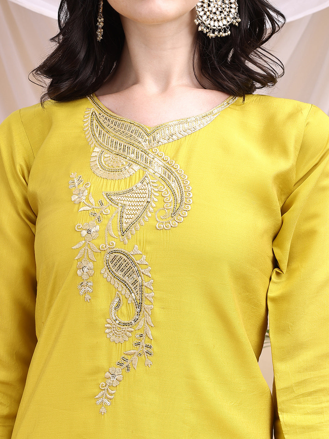 Embroidered Kurta With Pant & Printed Dupatta, Yellow - Hiral Fashion - Distacart