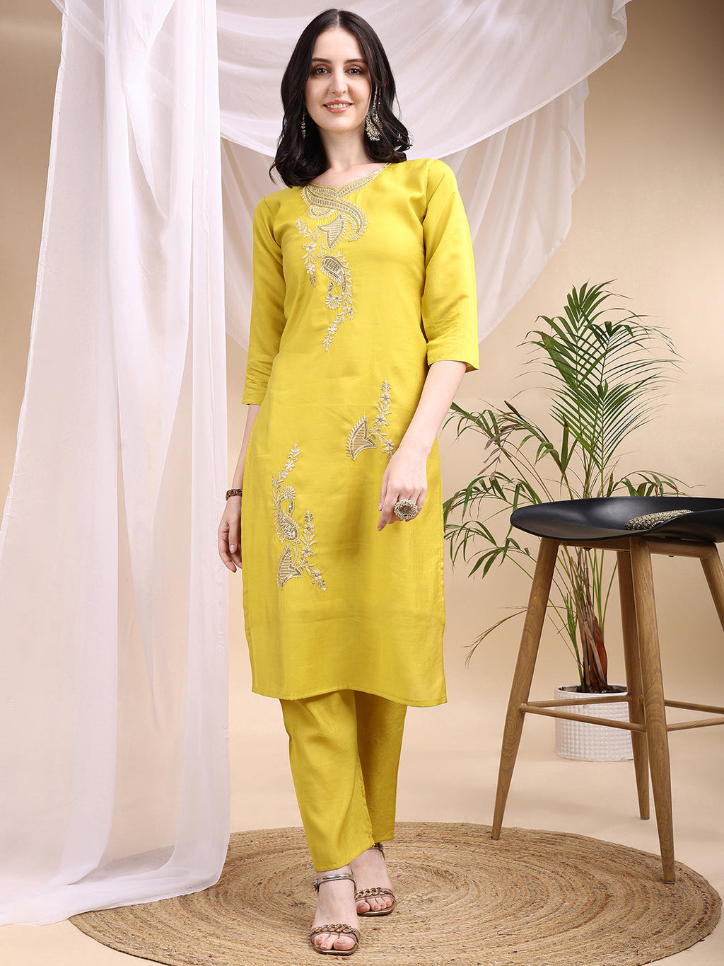 Embroidered Kurta With Pant & Printed Dupatta, Yellow - Hiral Fashion - Distacart