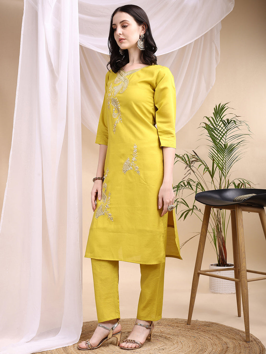 Embroidered Kurta With Pant & Printed Dupatta, Yellow - Hiral Fashion - Distacart