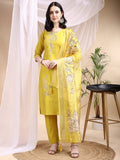 Embroidered Kurta With Pant & Printed Dupatta, Yellow - Hiral Fashion - Distacart