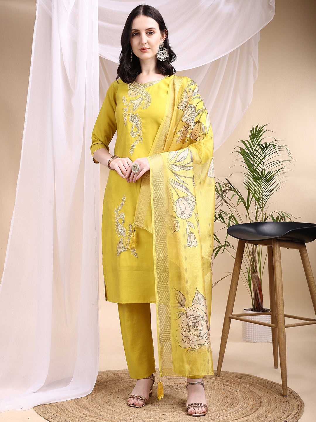 Embroidered Kurta With Pant & Printed Dupatta, Yellow - Hiral Fashion - Distacart
