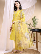 Embroidered Kurta With Pant & Printed Dupatta, Yellow - Hiral Fashion - Distacart