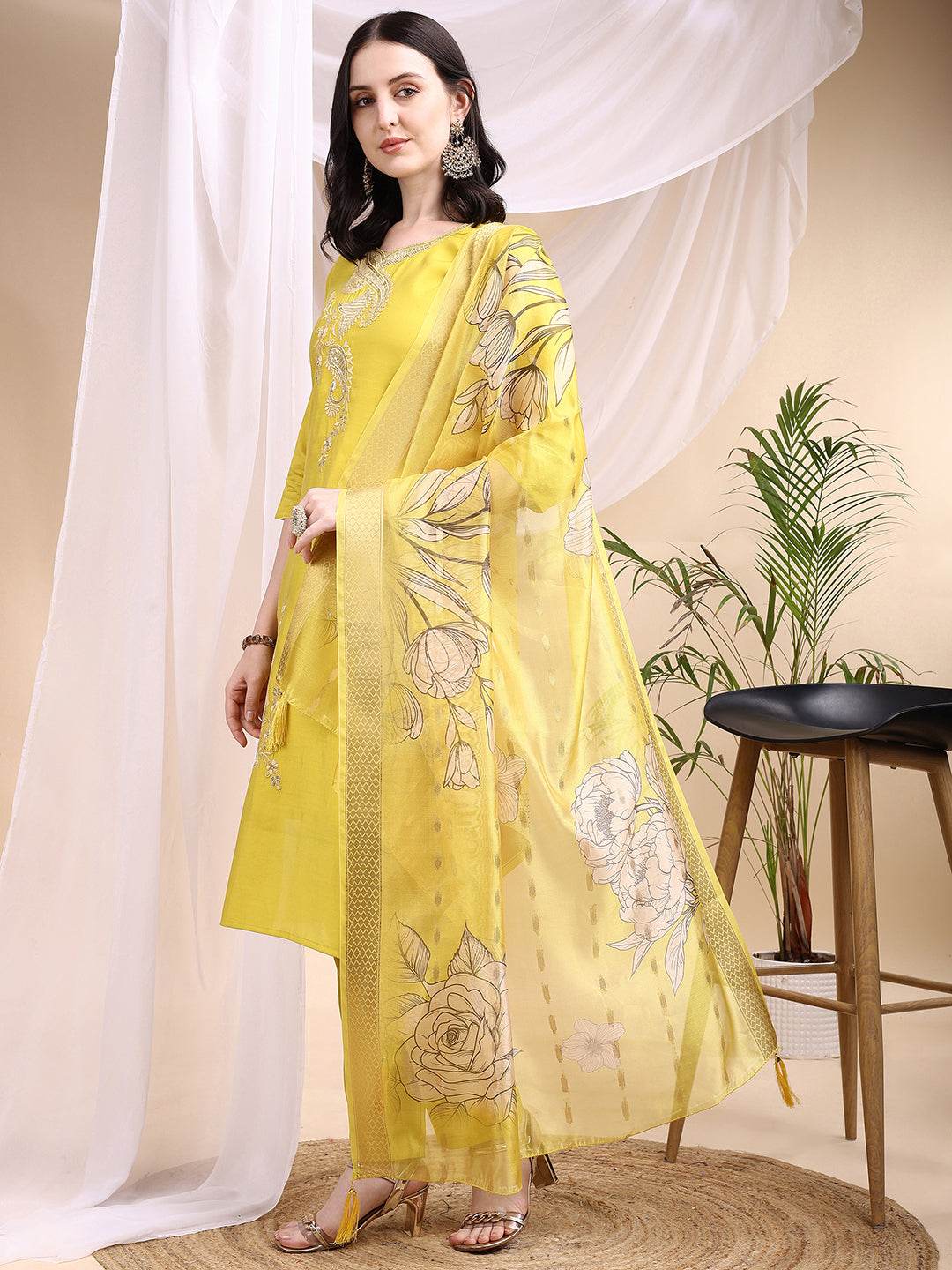 Embroidered Kurta With Pant & Printed Dupatta, Yellow - Hiral Fashion - Distacart