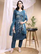 Embroidered Kurta With Pant & Printed Dupatta, Blue - Hiral Fashion - Distacart