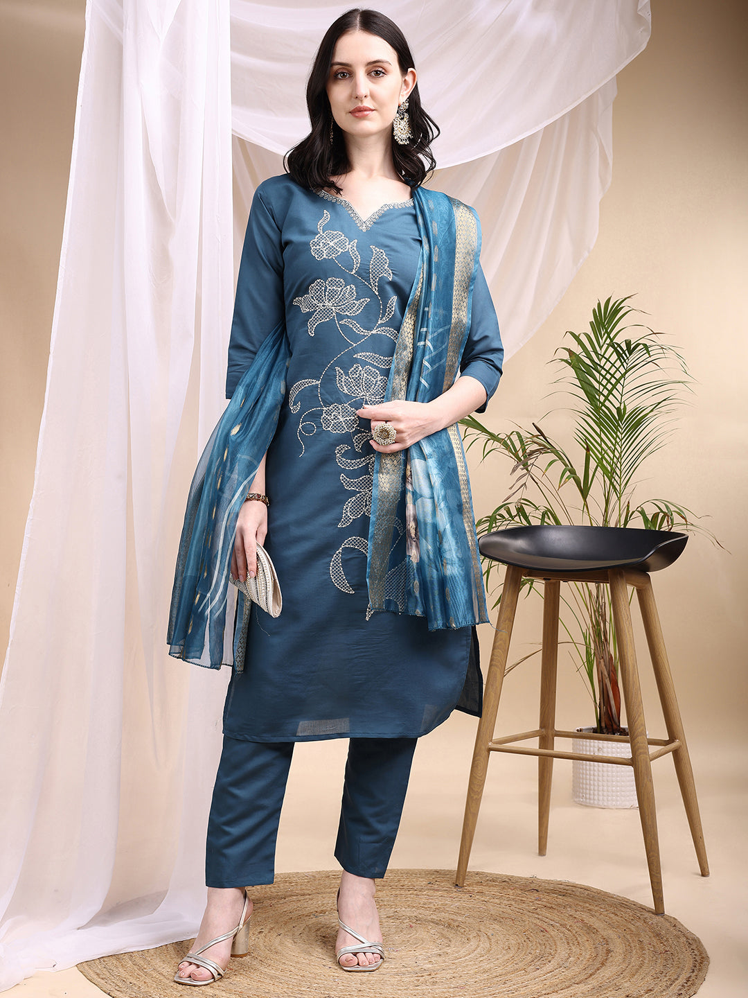 Embroidered Kurta With Pant & Printed Dupatta, Blue - Hiral Fashion - Distacart
