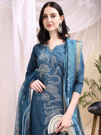 Embroidered Kurta With Pant & Printed Dupatta, Blue - Hiral Fashion - Distacart