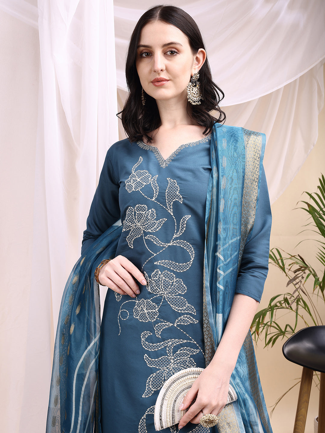 Embroidered Kurta With Pant & Printed Dupatta, Blue - Hiral Fashion - Distacart