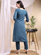 Embroidered Kurta With Pant & Printed Dupatta, Blue - Hiral Fashion - Distacart