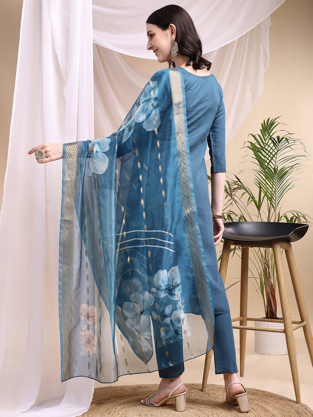 Embroidered Kurta With Pant & Printed Dupatta, Blue - Hiral Fashion - Distacart