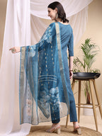 Embroidered Kurta With Pant & Printed Dupatta, Blue - Hiral Fashion - Distacart