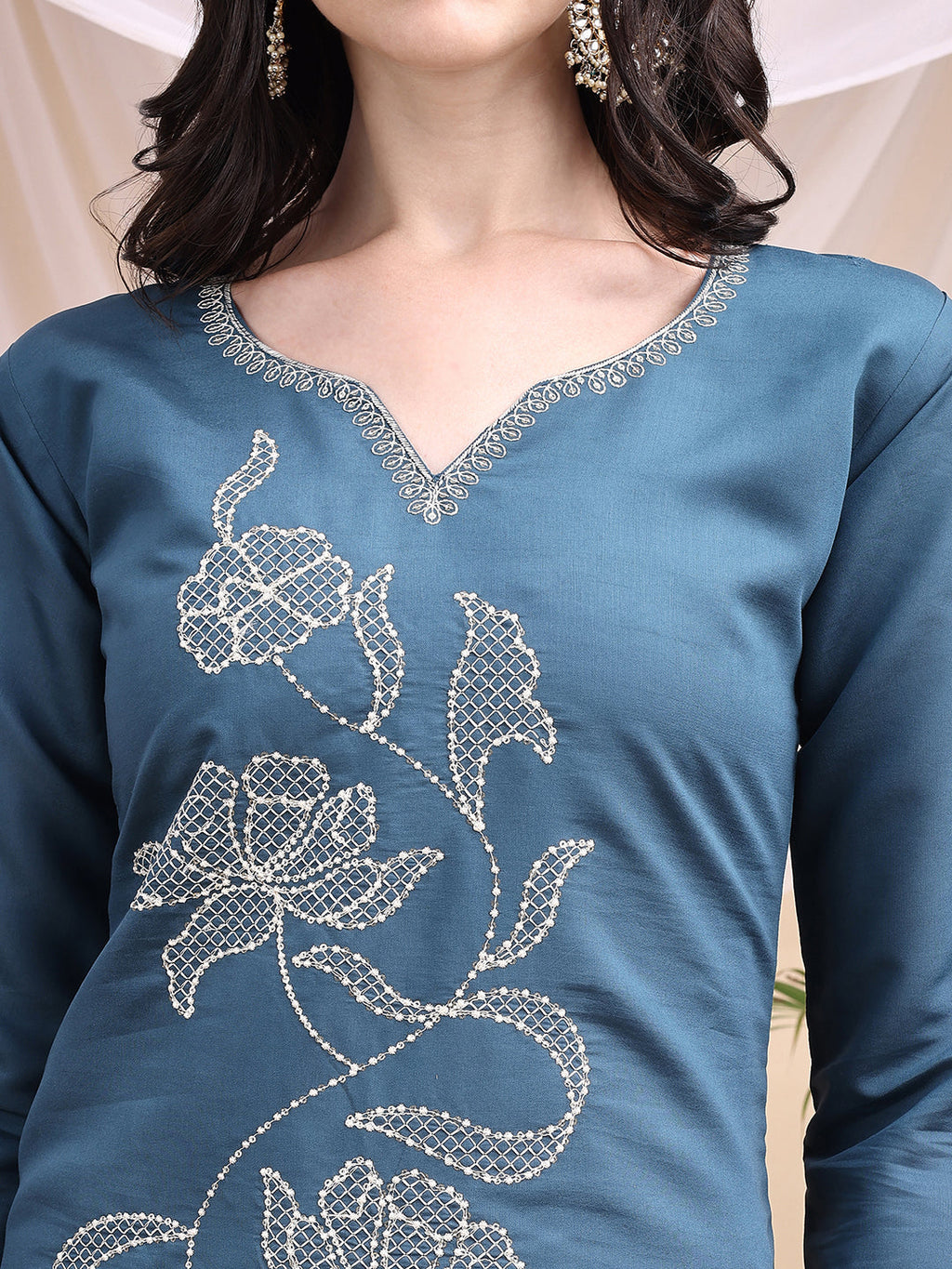 Embroidered Kurta With Pant & Printed Dupatta, Blue - Hiral Fashion - Distacart