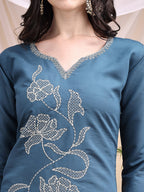 Embroidered Kurta With Pant & Printed Dupatta, Blue - Hiral Fashion - Distacart