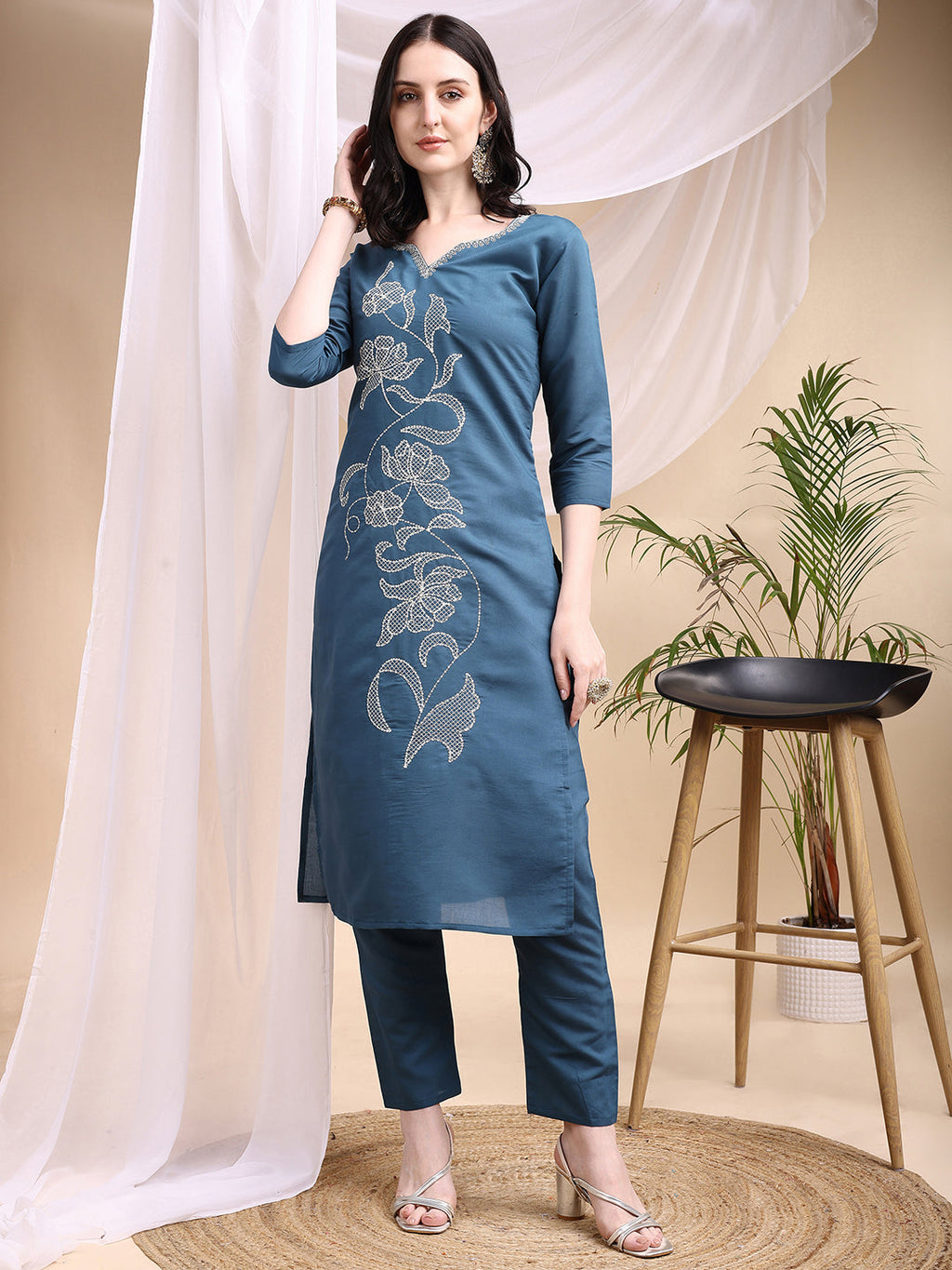 Embroidered Kurta With Pant & Printed Dupatta, Blue - Hiral Fashion - Distacart