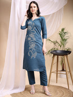 Embroidered Kurta With Pant & Printed Dupatta, Blue - Hiral Fashion - Distacart