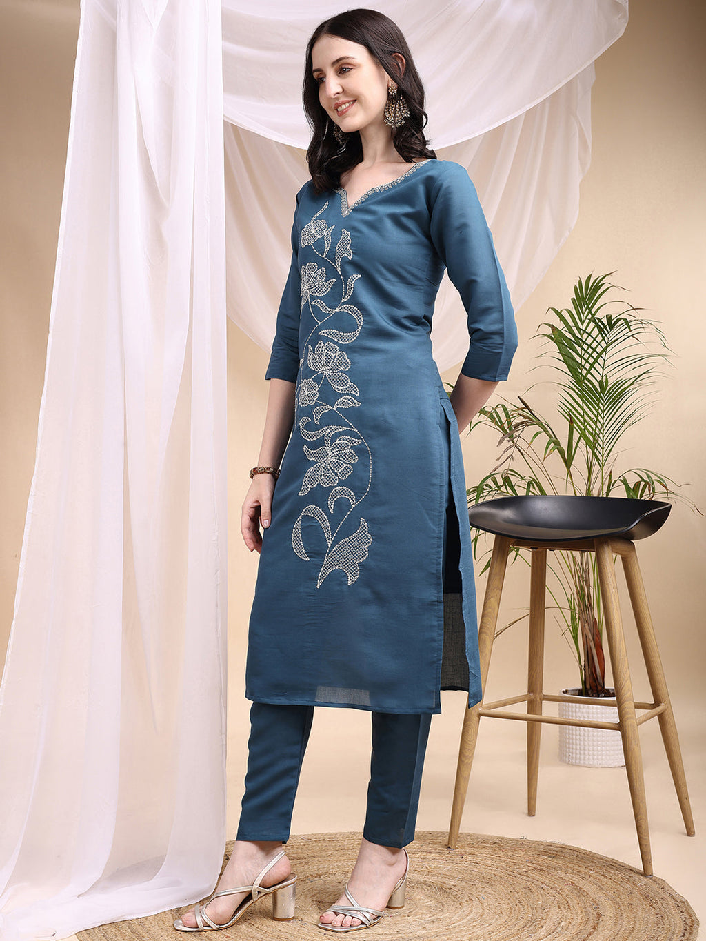 Embroidered Kurta With Pant & Printed Dupatta, Blue - Hiral Fashion - Distacart