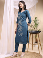Embroidered Kurta With Pant & Printed Dupatta, Blue - Hiral Fashion - Distacart