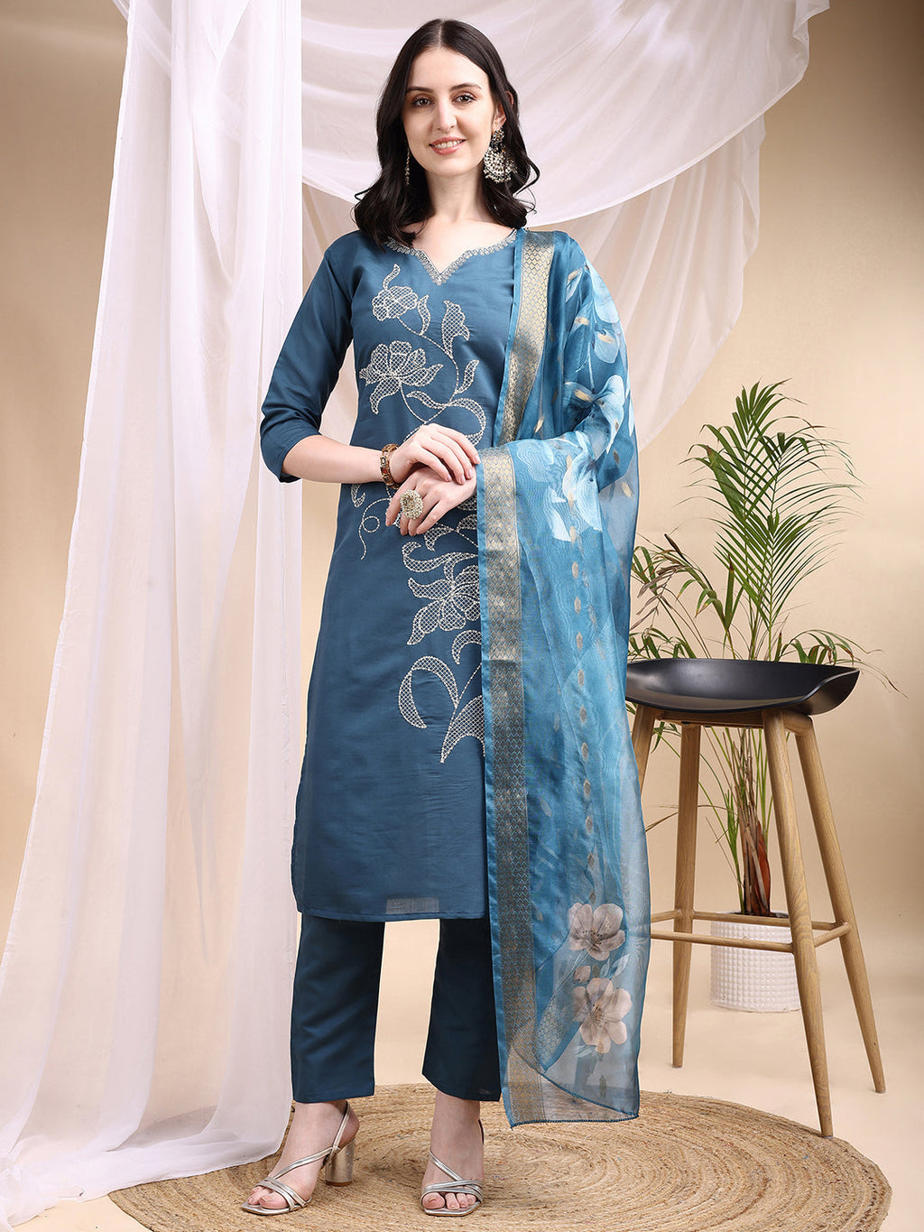 Embroidered Kurta With Pant & Printed Dupatta, Blue - Hiral Fashion - Distacart