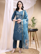 Embroidered Kurta With Pant & Printed Dupatta, Blue - Hiral Fashion - Distacart