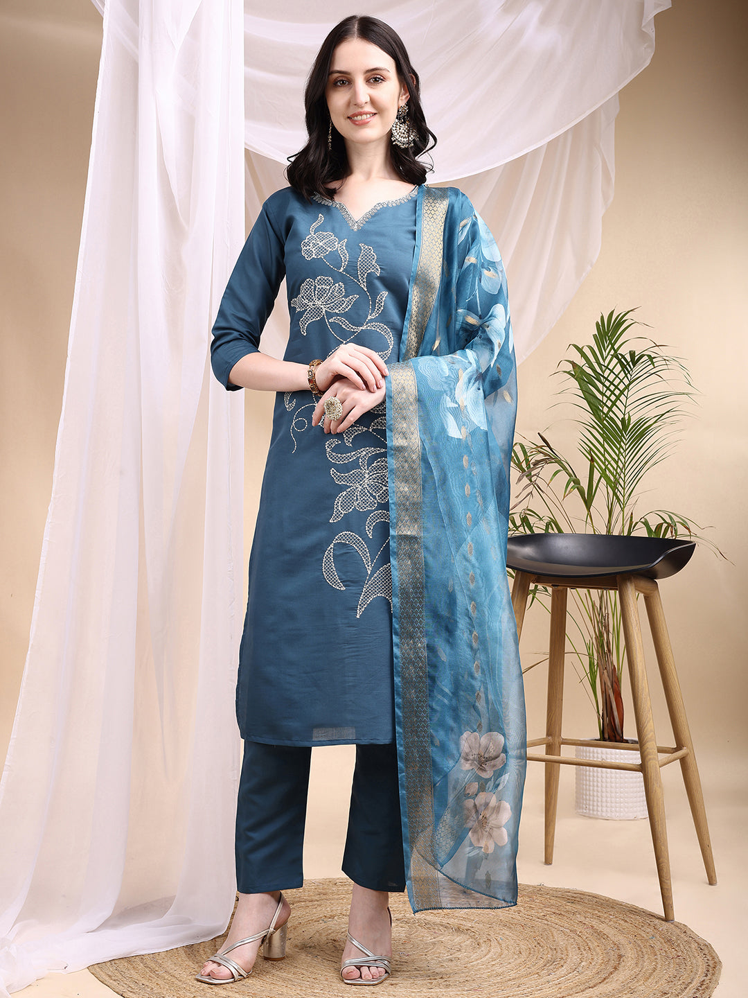 Embroidered Kurta With Pant & Printed Dupatta, Blue - Hiral Fashion - Distacart