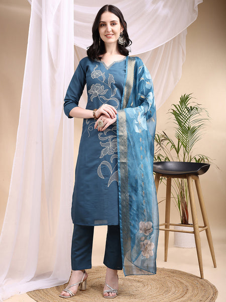 Embroidered Kurta With Pant & Printed Dupatta, Blue - Hiral Fashion