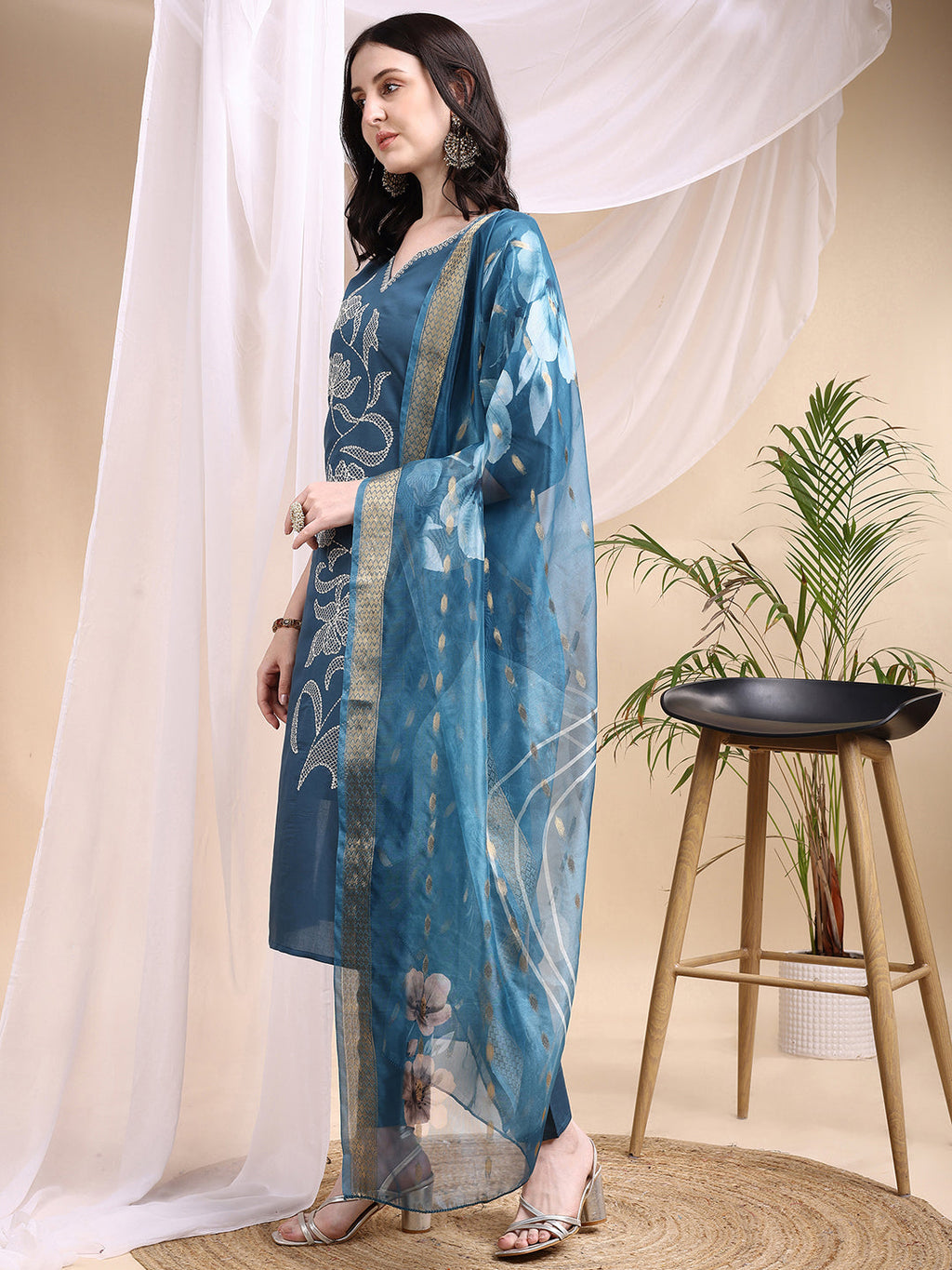 Embroidered Kurta With Pant & Printed Dupatta, Blue - Hiral Fashion - Distacart