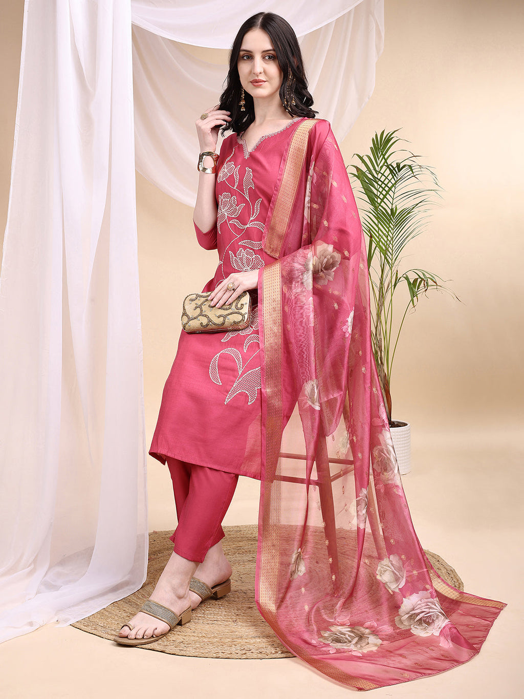 Embroidered Kurta With Pant & Printed Dupatta, Pink - Hiral Fashion - Distacart
