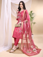 Embroidered Kurta With Pant & Printed Dupatta, Pink - Hiral Fashion - Distacart