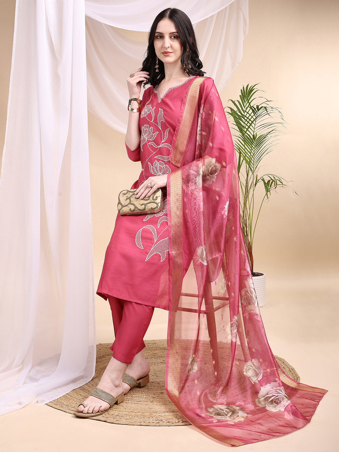Embroidered Kurta With Pant & Printed Dupatta, Pink - Hiral Fashion - Distacart