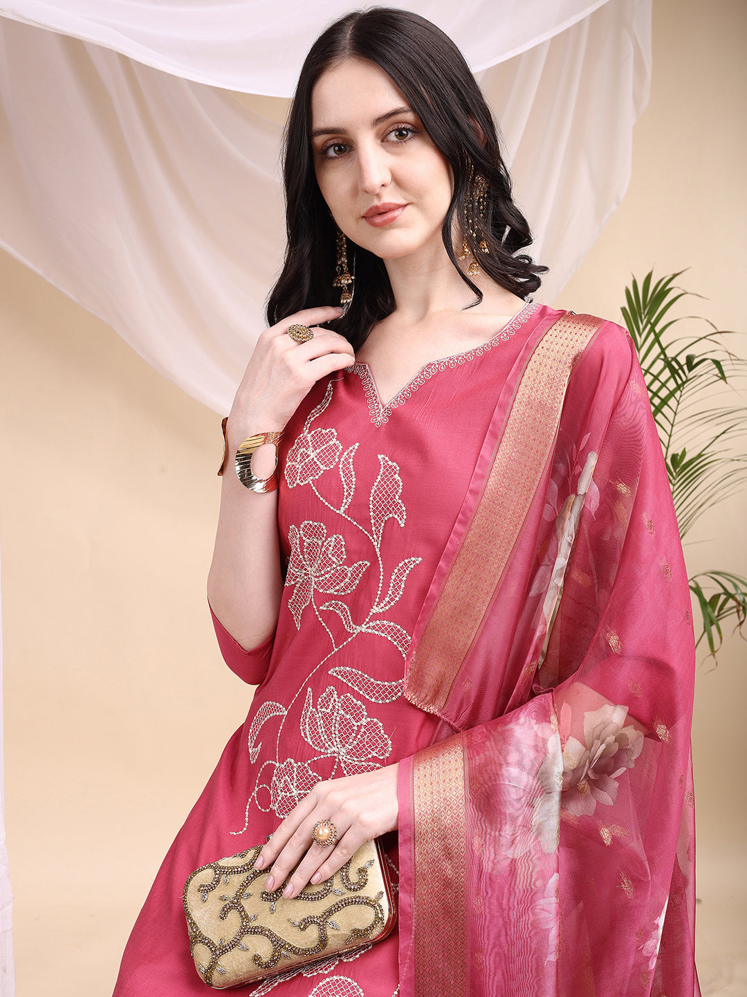 Embroidered Kurta With Pant & Printed Dupatta, Pink - Hiral Fashion - Distacart