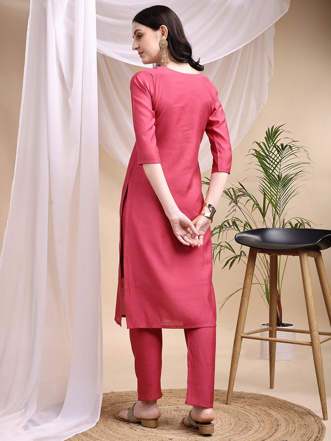 Embroidered Kurta With Pant & Printed Dupatta, Pink - Hiral Fashion - Distacart
