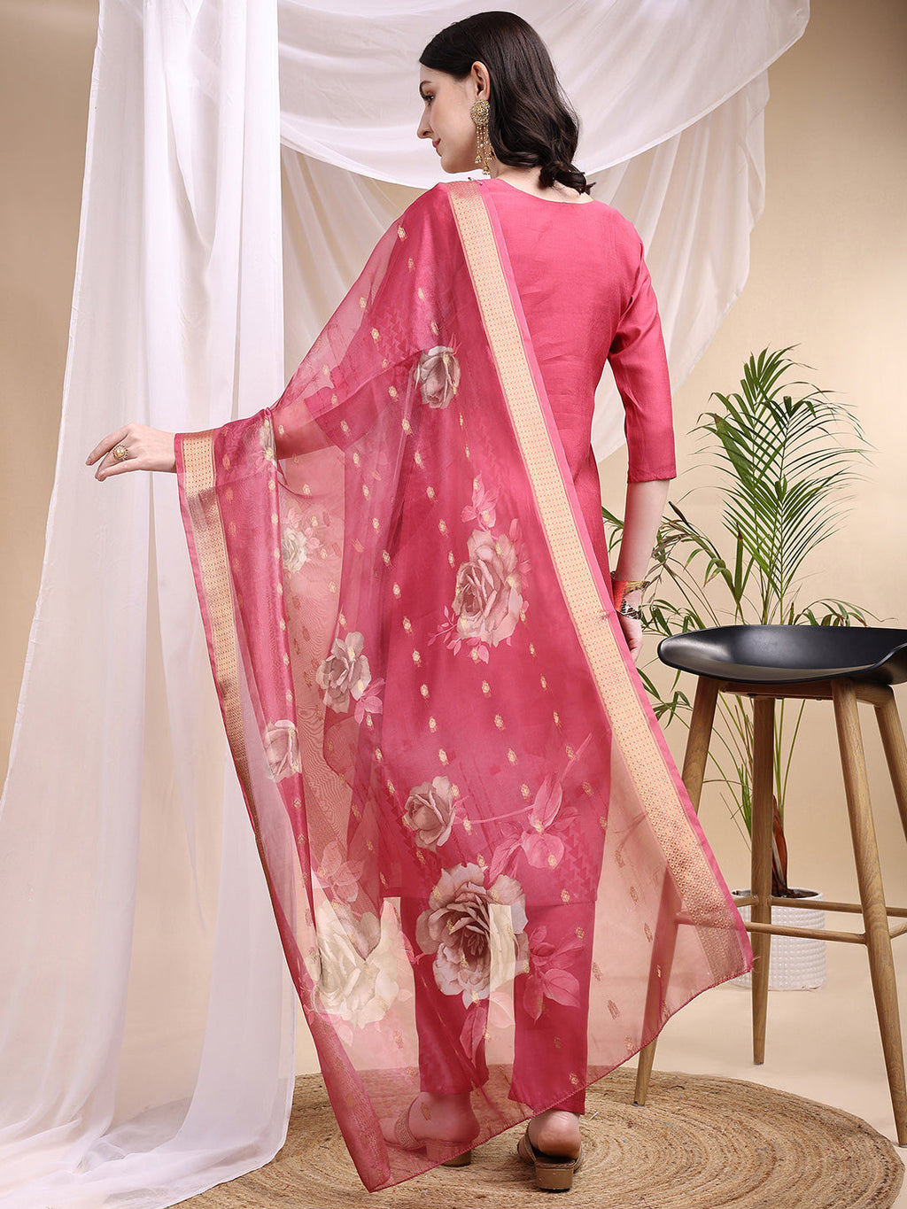 Embroidered Kurta With Pant & Printed Dupatta, Pink - Hiral Fashion - Distacart