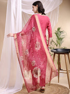 Embroidered Kurta With Pant & Printed Dupatta, Pink - Hiral Fashion - Distacart