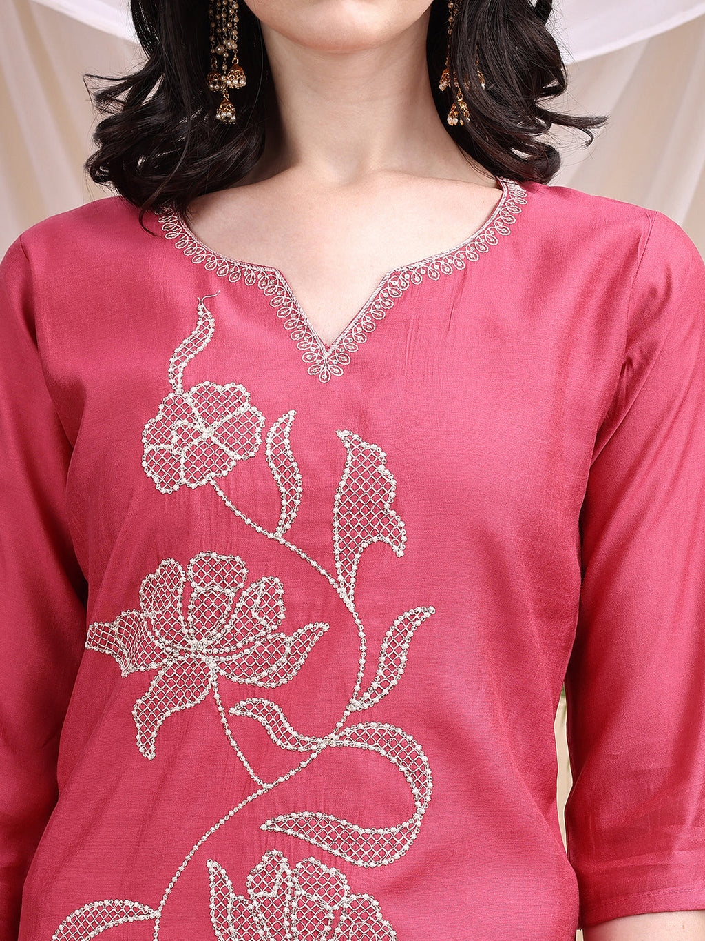 Embroidered Kurta With Pant & Printed Dupatta, Pink - Hiral Fashion - Distacart