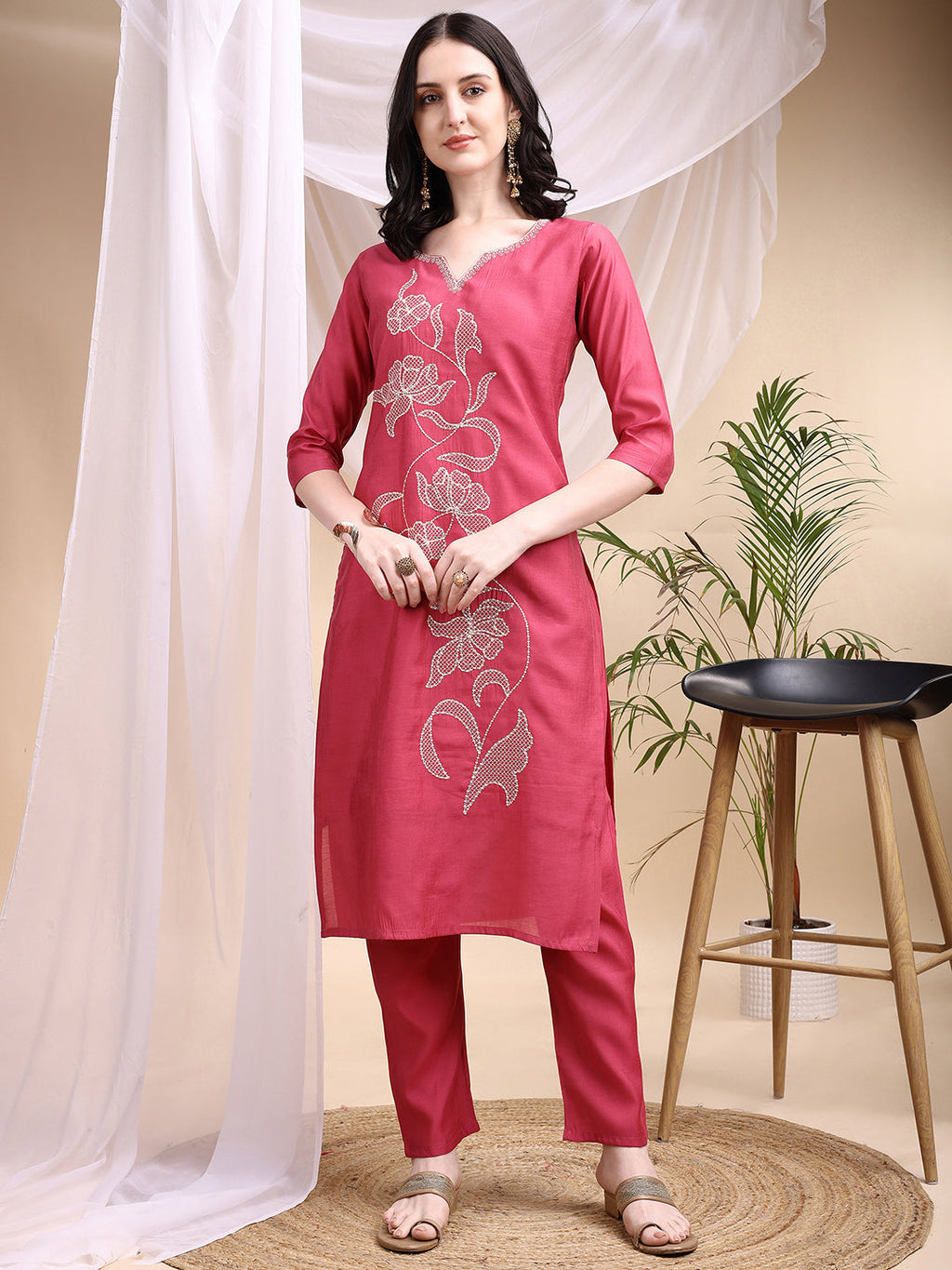 Embroidered Kurta With Pant & Printed Dupatta, Pink - Hiral Fashion - Distacart